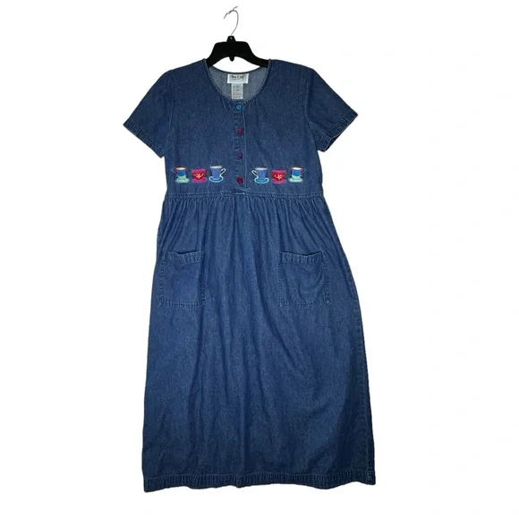 vintage denim teacher dress Teacher denim embroidered jumper dress women XL school house kids blue button ne